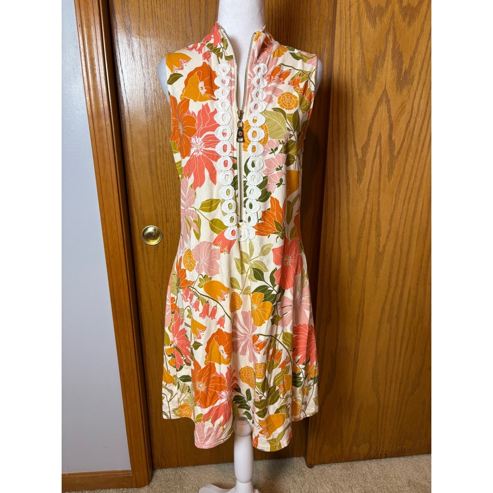 Spartina 449 Floral Zip Front Eyelet Trim Sleeveless Shift Dress Retro Preppy